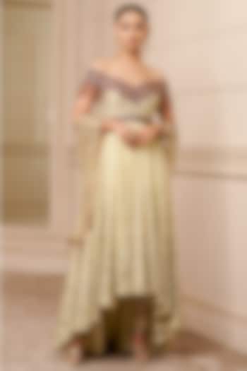 Ivory Chiffon Printed & Embroidered Anarkali Set by Tarun Tahiliani