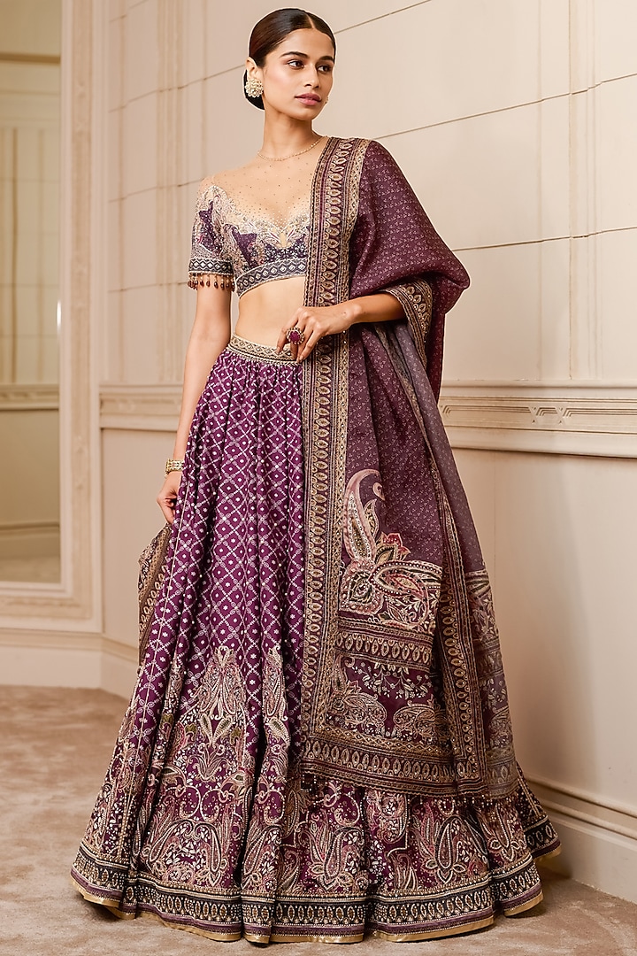 Purple Chinese Dupion Embellished Lehenga Set by Tarun Tahiliani