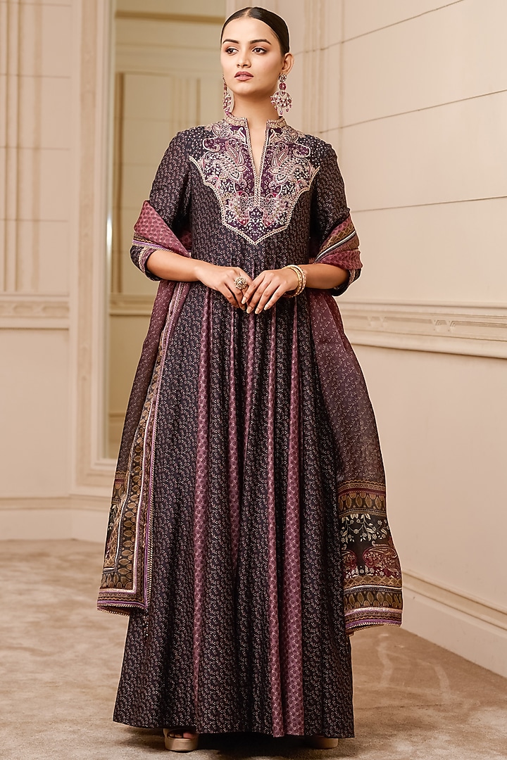 Aubergine Chanderi Printed & Embroidered Anarkali Set by Tarun Tahiliani