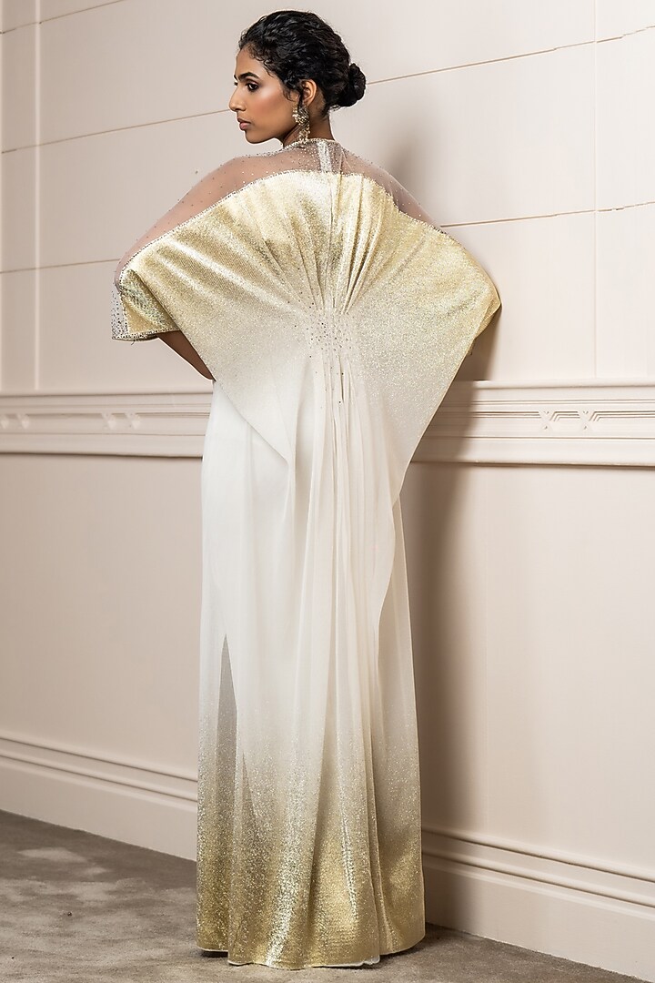 Gold Crinkle Bohemian Maxi Party Wear Dress by Tarun Tahiliani at Pernia's Pop Up Shop
