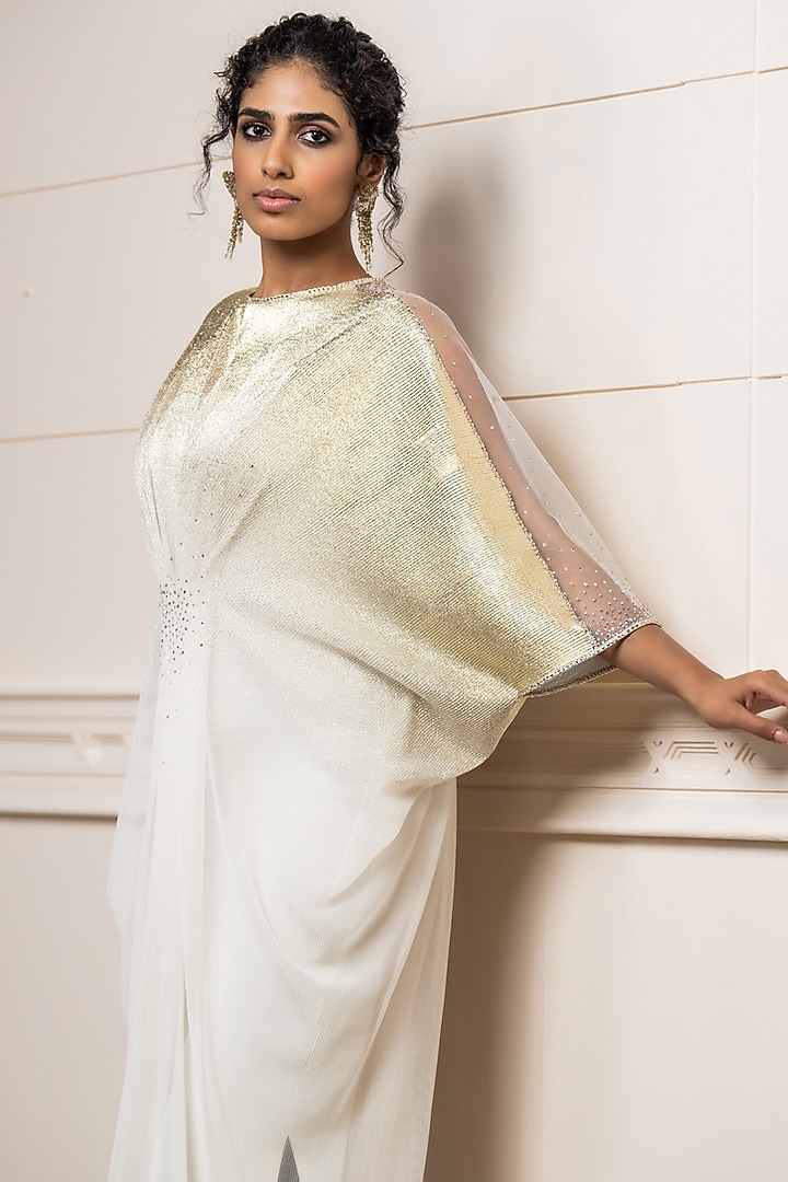 Gold Crinkle Bohemian Maxi Party Wear Dress by Tarun Tahiliani at Pernia's Pop Up Shop
