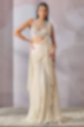 Ivory Silk Georgette Concept Saree Set by Tarun Tahiliani at Pernia's Pop Up Shop