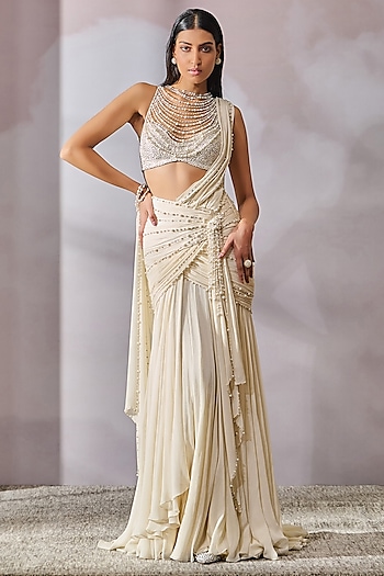 Ivory Silk Georgette Concept Bridal Saree Set by Tarun Tahiliani at Pernia's Pop Up Shop