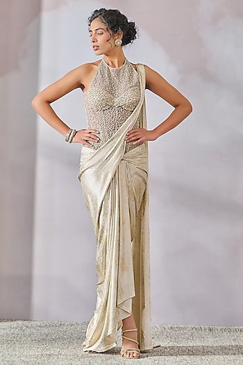 Ivory Foil Jersey Beaded Concept Reception Saree by Tarun Tahiliani at Pernia's Pop Up Shop
