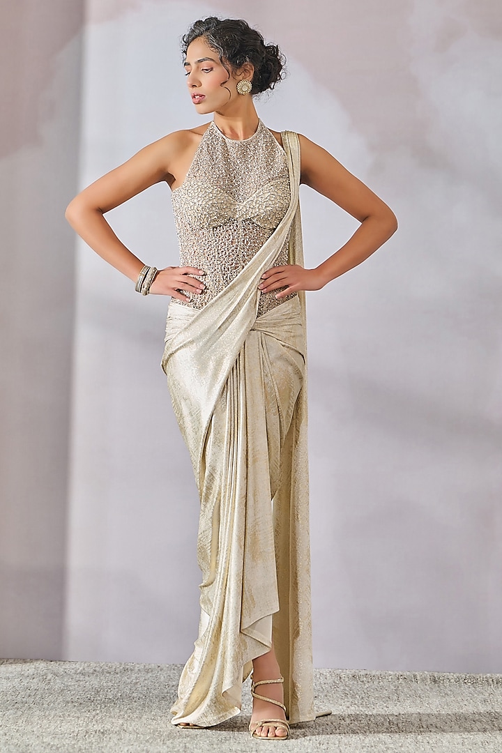 Ivory Foil Jersey Beaded Concept Saree by Tarun Tahiliani at Pernia's Pop Up Shop