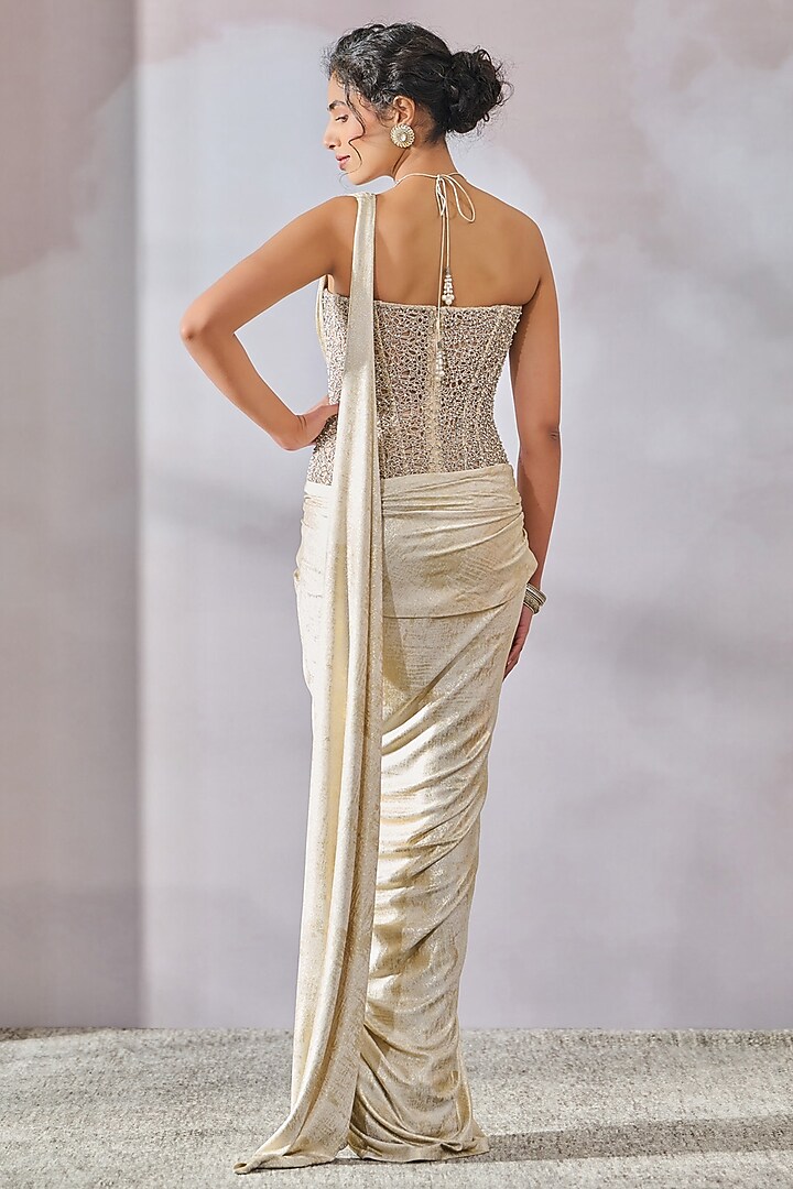 Ivory Foil Jersey Beaded Concept Reception Saree by Tarun Tahiliani at Pernia's Pop Up Shop