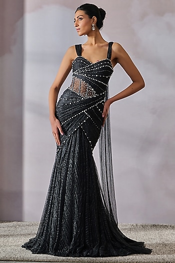 Black Crinkle Net Beaded Fluted Wedding Gown by Tarun Tahiliani at Pernia's Pop Up Shop