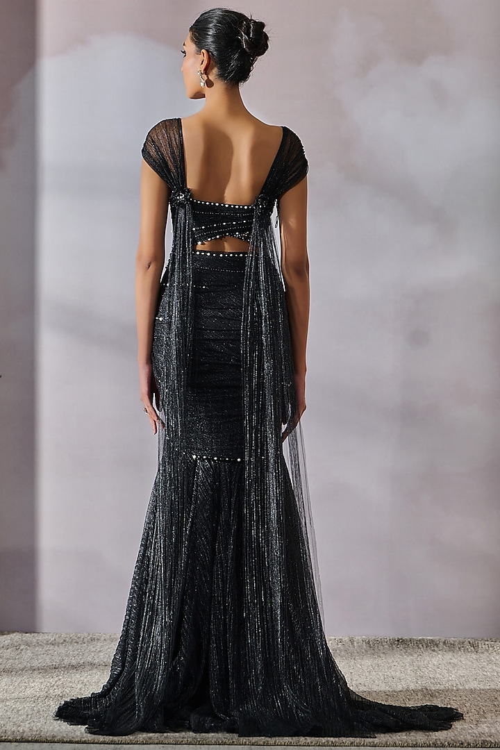 Black Crinkle Net Beaded Fluted Wedding Gown by Tarun Tahiliani at Pernia's Pop Up Shop
