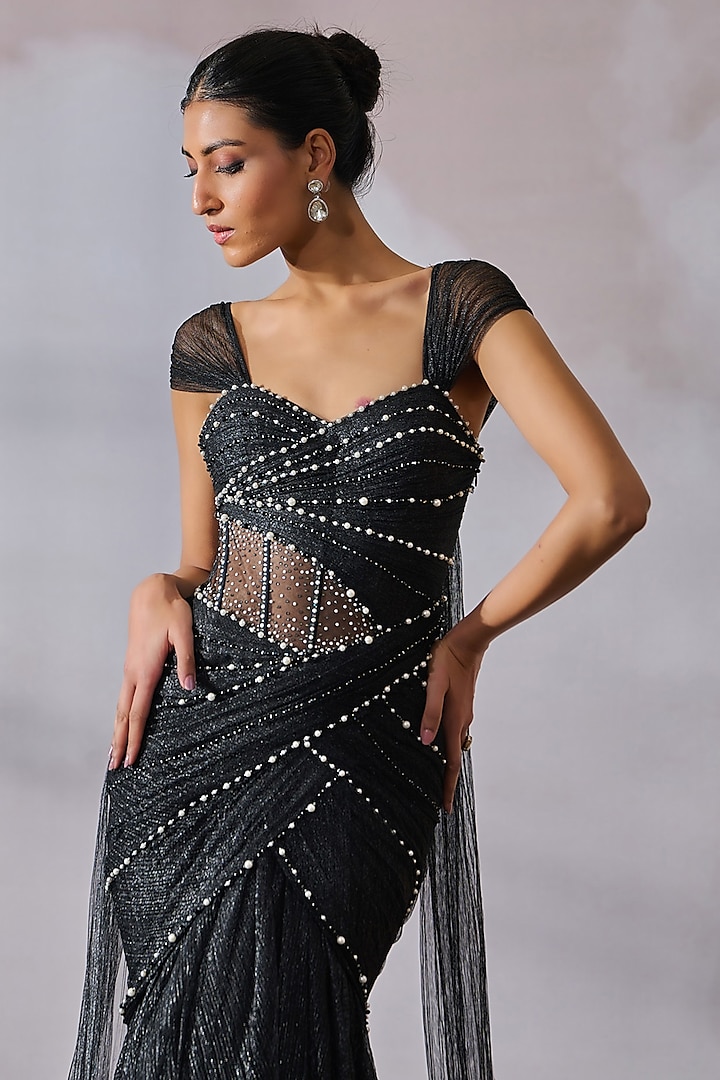 Black Crinkle Net Beaded Fluted Wedding Gown by Tarun Tahiliani at Pernia's Pop Up Shop