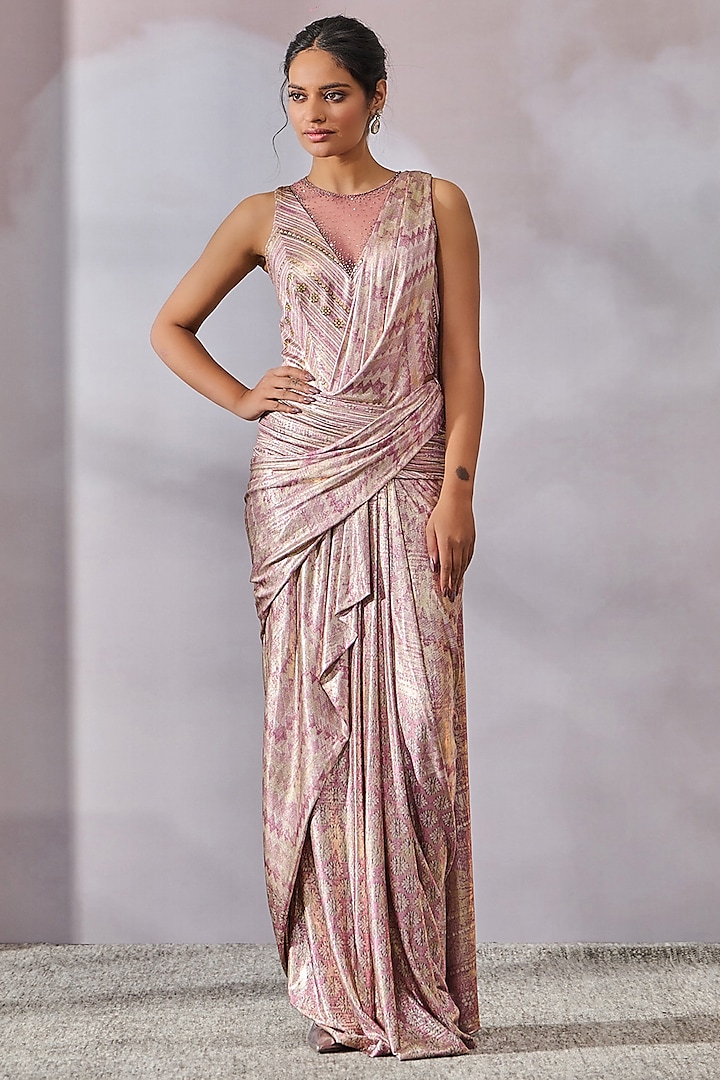 Lilac Foil Jersey Abstract Geometric Printed Concept Saree Set by Tarun Tahiliani at Pernia's Pop Up Shop