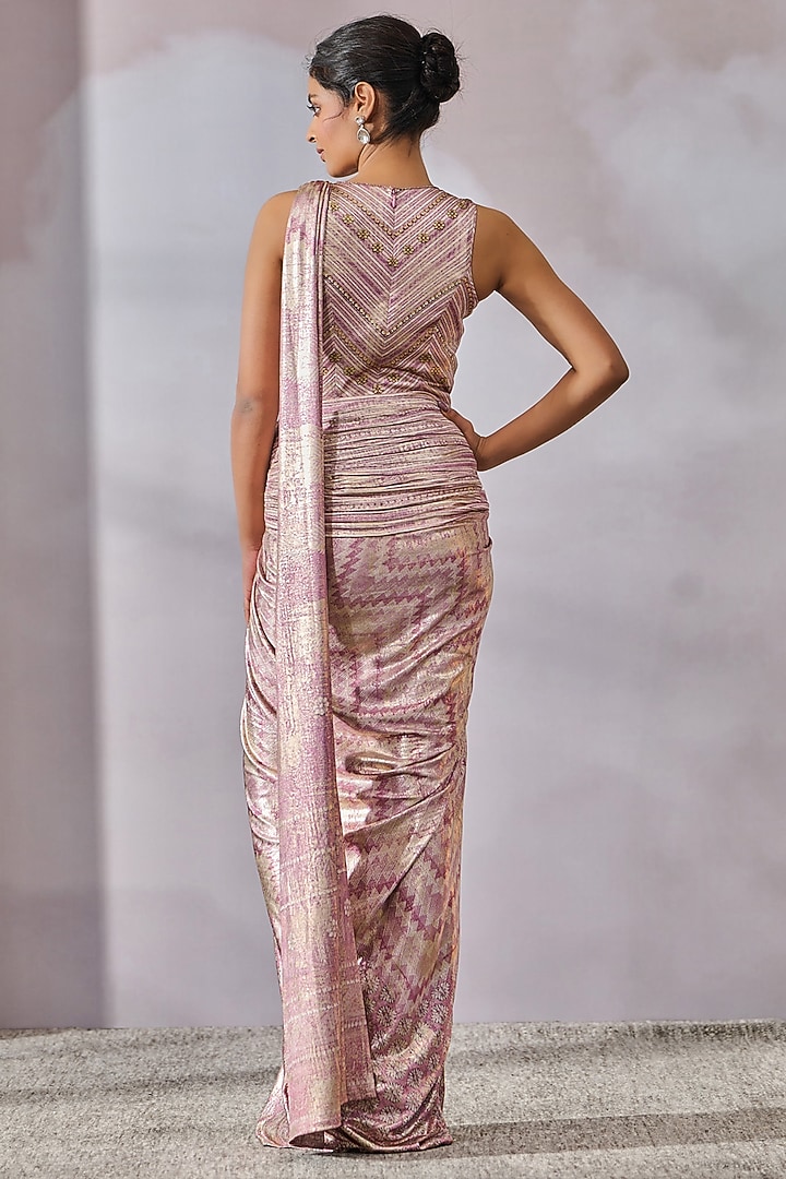 Lilac Foil Jersey Abstract Geometric Printed Concept Reception Saree Set by Tarun Tahiliani at Pernia's Pop Up Shop