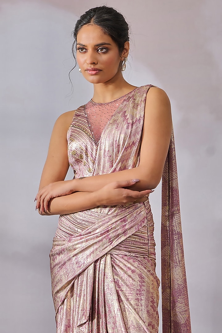 Lilac Foil Jersey Abstract Geometric Printed Concept Reception Saree Set by Tarun Tahiliani at Pernia's Pop Up Shop