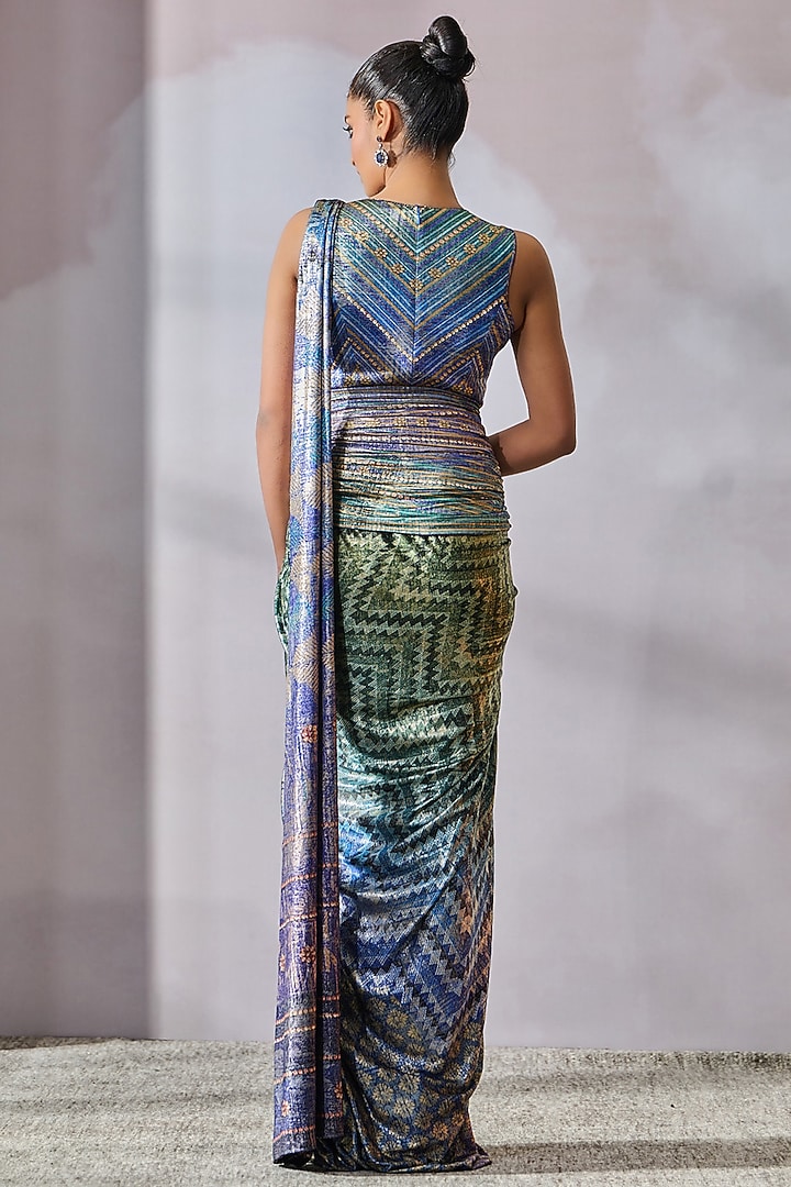 Multi-Colored Foil Jersey Abstract Geometric Printed Concept Reception Saree Set by Tarun Tahiliani at Pernia's Pop Up Shop