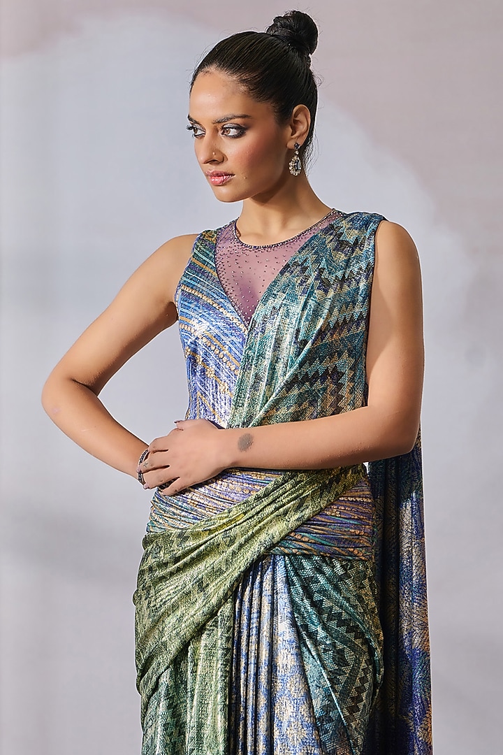 Multi-Colored Foil Jersey Abstract Geometric Printed Concept Reception Saree Set by Tarun Tahiliani at Pernia's Pop Up Shop