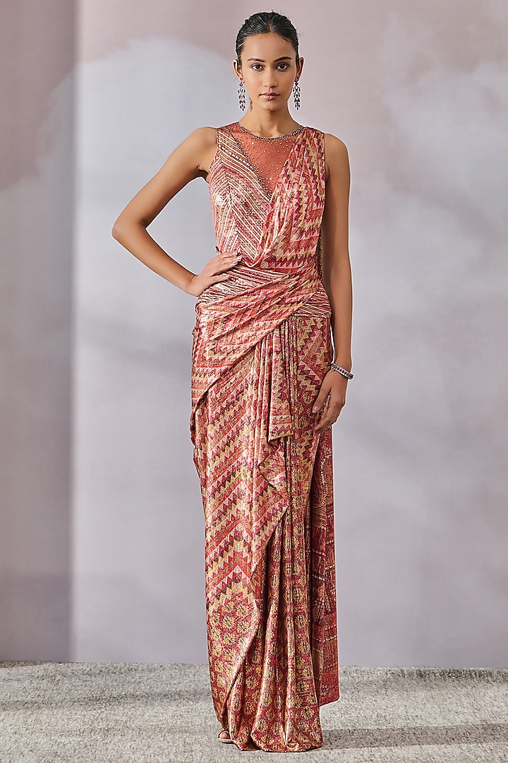 Multi-Colored Foil Jersey Abstract Geometric Printed Concept Saree Set by Tarun Tahiliani at Pernia's Pop Up Shop