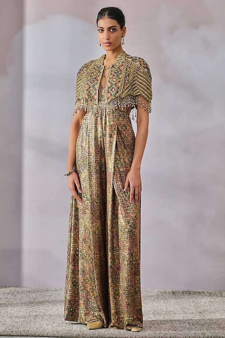 Khaki & Olive Foil Jersey Jumpsuit With Embroidered Gilet by Tarun Tahiliani at Pernia's Pop Up Shop