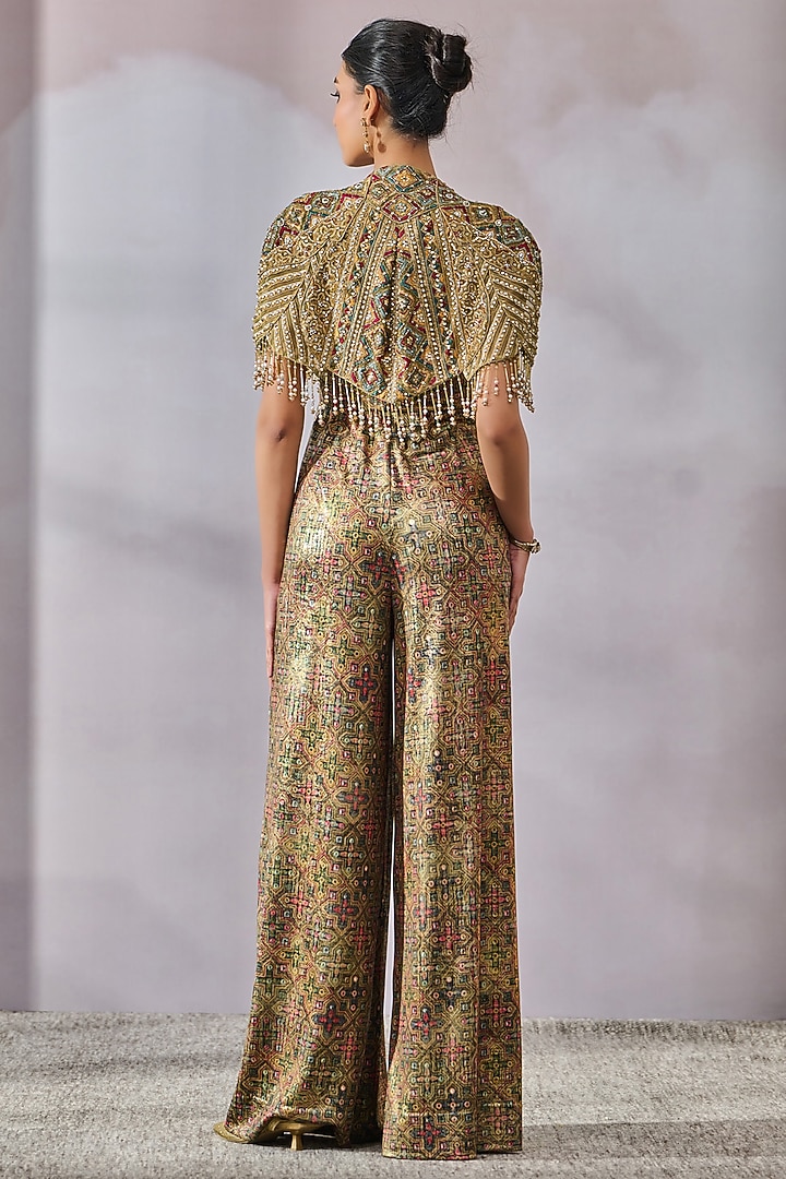 Khaki & Olive Foil Jersey Jumpsuit With Embroidered Gilet by Tarun Tahiliani at Pernia's Pop Up Shop