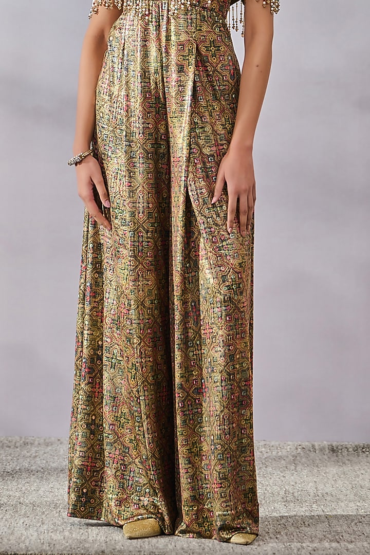 Khaki & Olive Foil Jersey Jumpsuit With Embroidered Gilet by Tarun Tahiliani at Pernia's Pop Up Shop