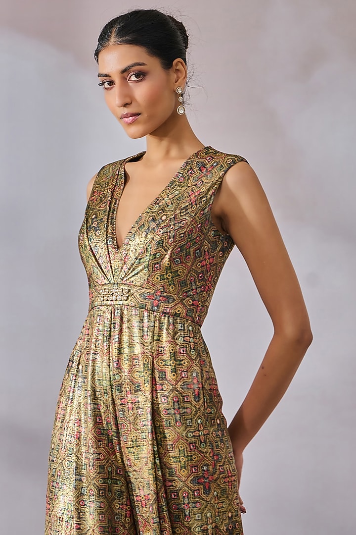 Khaki & Olive Foil Jersey Jumpsuit With Embroidered Gilet by Tarun Tahiliani at Pernia's Pop Up Shop
