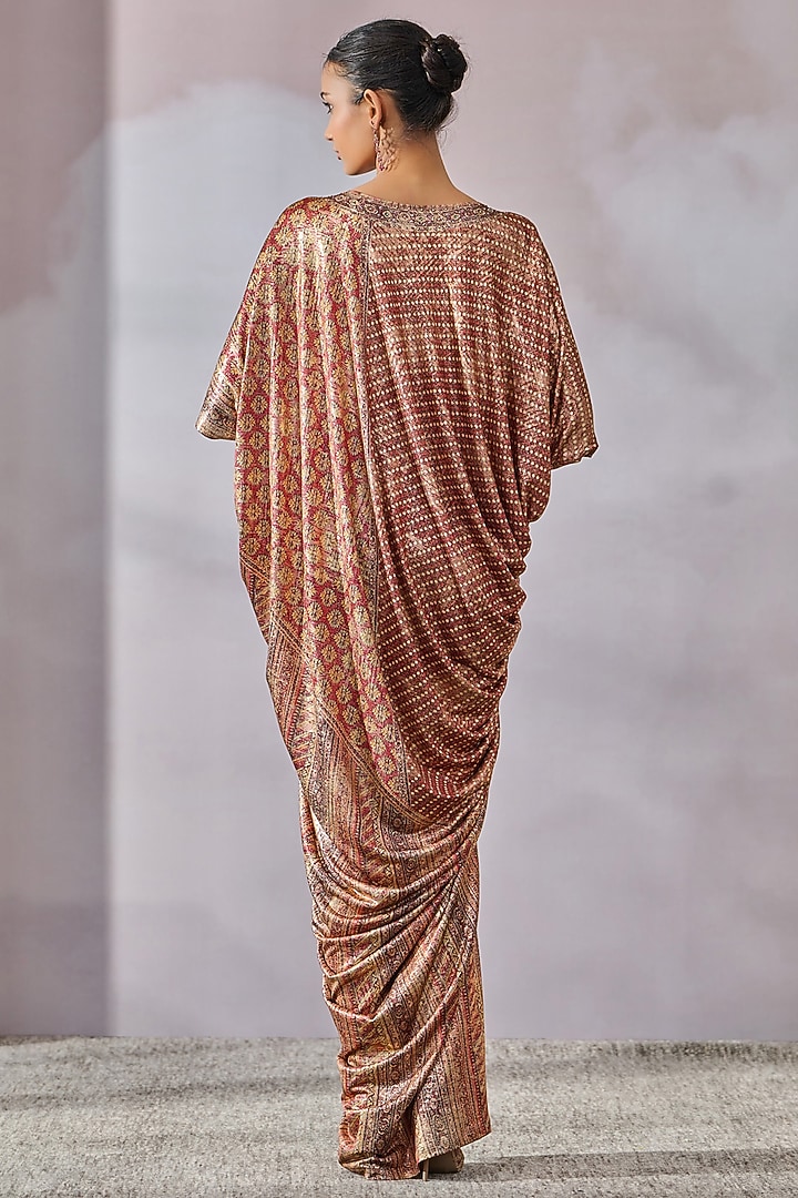 Maroon Foil Jersey Phulkari Printed Draped Kaftan by Tarun Tahiliani at Pernia's Pop Up Shop