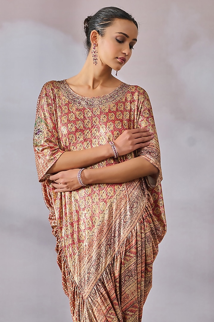 Maroon Foil Jersey Phulkari Printed Draped Kaftan by Tarun Tahiliani at Pernia's Pop Up Shop