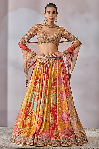 Multi-Colored Sheer Silk Phulkari Printed Lehenga Set by Tarun Tahiliani