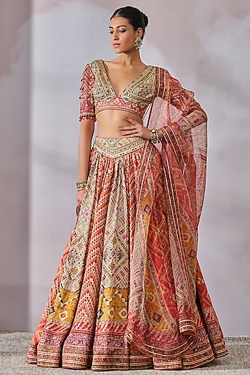 Multi-Colored Kasab Satin Phulkari Printed Lehenga Set by Tarun Tahiliani