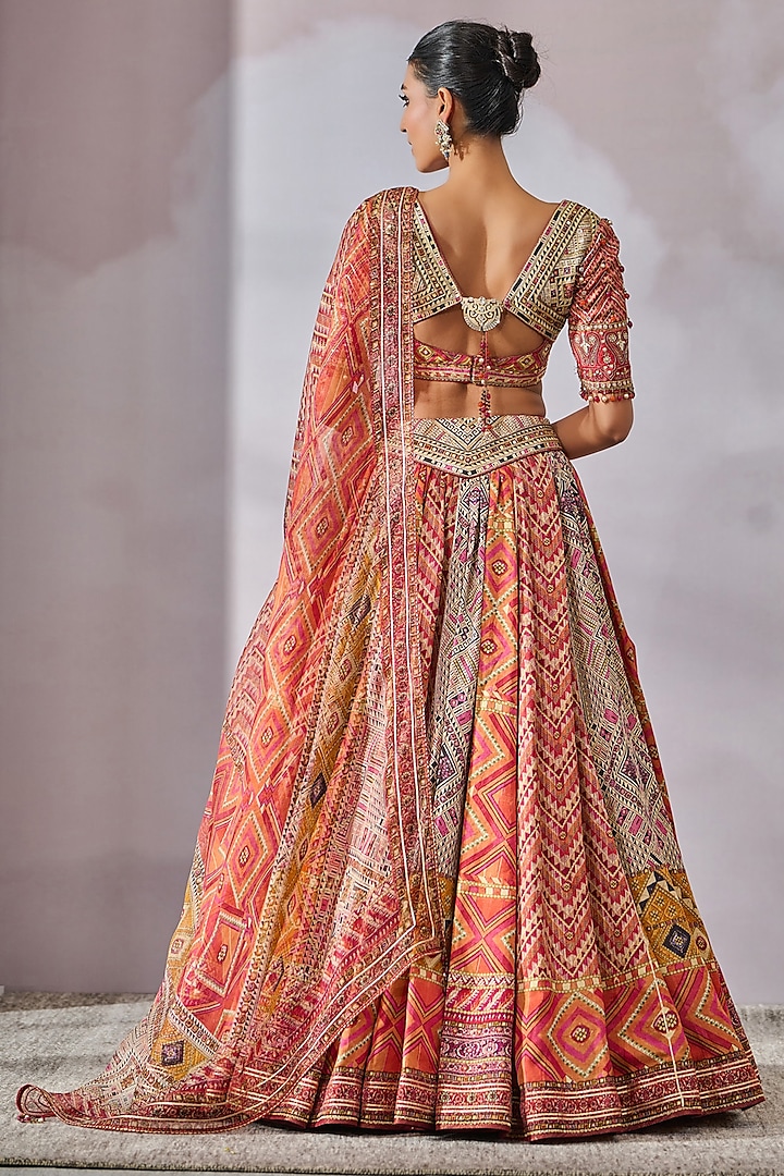 Multi-Colored Kasab Satin Phulkari Printed Bridal Lehenga Set by Tarun Tahiliani at Pernia's Pop Up Shop