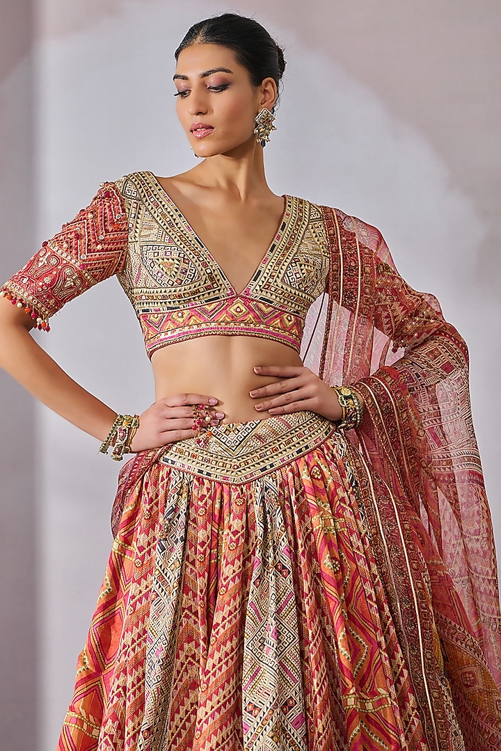 Multi-Colored Kasab Satin Phulkari Printed Bridal Lehenga Set by Tarun Tahiliani at Pernia's Pop Up Shop