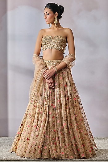 Beige Organza Floral Motif Embroidered Lehenga Set by Tarun Tahiliani