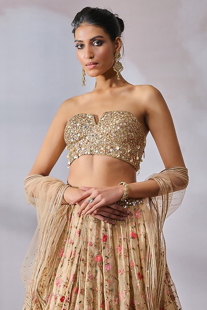 Beige Organza Floral Motif Embroidered Bridal Lehenga Set by Tarun Tahiliani at Pernia's Pop Up Shop