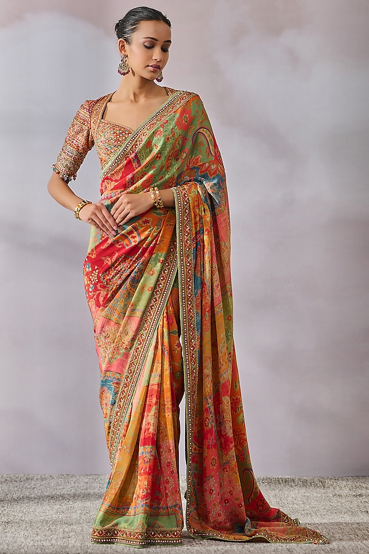 Multi-Colored Silk Chanderi Phulkari Printed Saree Set by Tarun Tahiliani