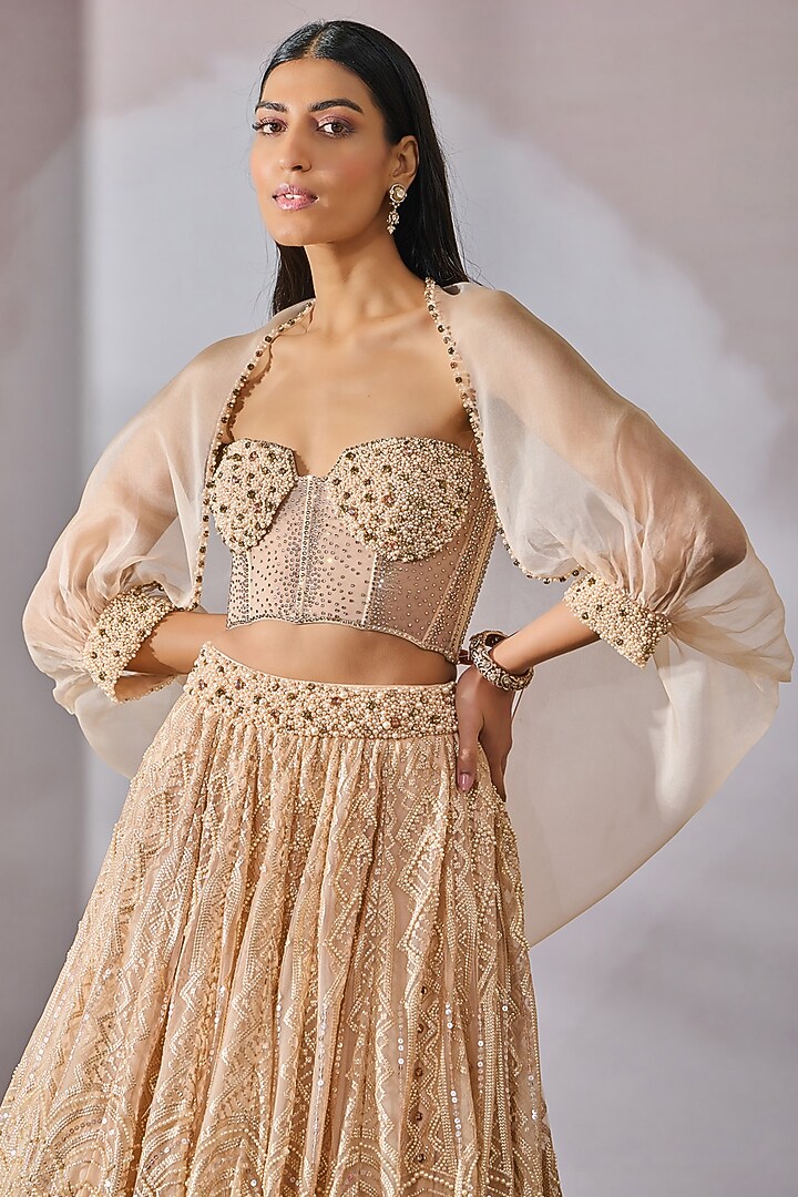 Blush-Mint Soft Net Pearl Embroidered Bridal Lehenga Set by Tarun Tahiliani at Pernia's Pop Up Shop