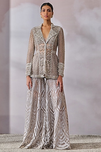 Silver Tulle Hand Embroidered Sharara Set by Tarun Tahiliani