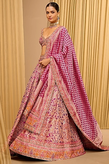 Wine Silk Dupion Embroidered Lehenga Set by Tarun Tahiliani