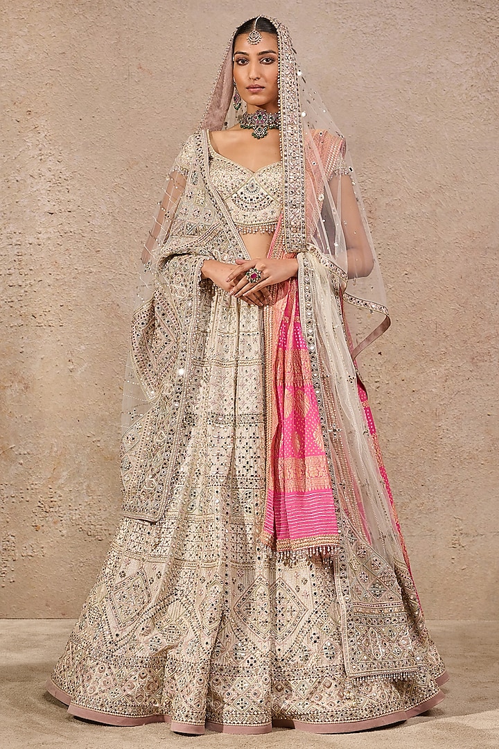 Ivory Tulle Hand Embroidered Bridal Lehenga Set by Tarun Tahiliani at Pernia's Pop Up Shop
