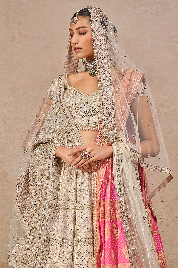 Ivory Tulle Hand Embroidered Bridal Lehenga Set by Tarun Tahiliani at Pernia's Pop Up Shop