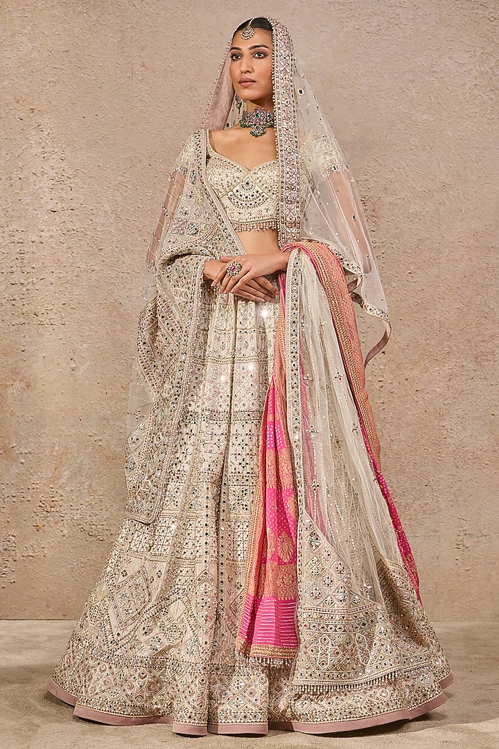 Ivory Tulle Hand Embroidered Bridal Lehenga Set by Tarun Tahiliani at Pernia's Pop Up Shop