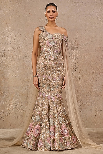 Multi-Colored Tulle Hand Embroidered Fish-Tail Lehenga Set by Tarun Tahiliani