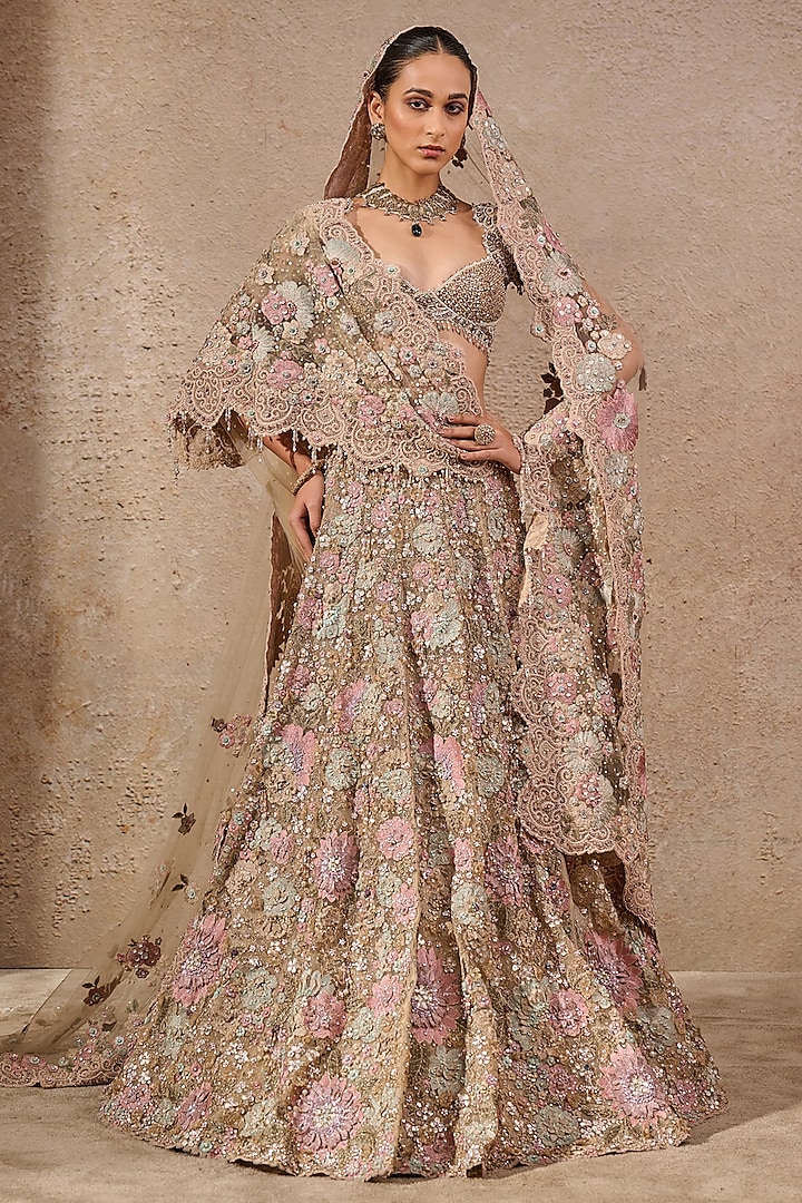 Multi-Colored Tulle Floral Motifs Embroidered Bridal Lehenga Set by Tarun Tahiliani at Pernia's Pop Up Shop