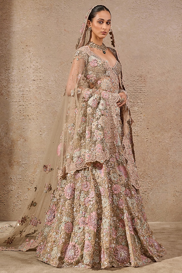 Multi-Colored Tulle Floral Motifs Embroidered Bridal Lehenga Set by Tarun Tahiliani at Pernia's Pop Up Shop