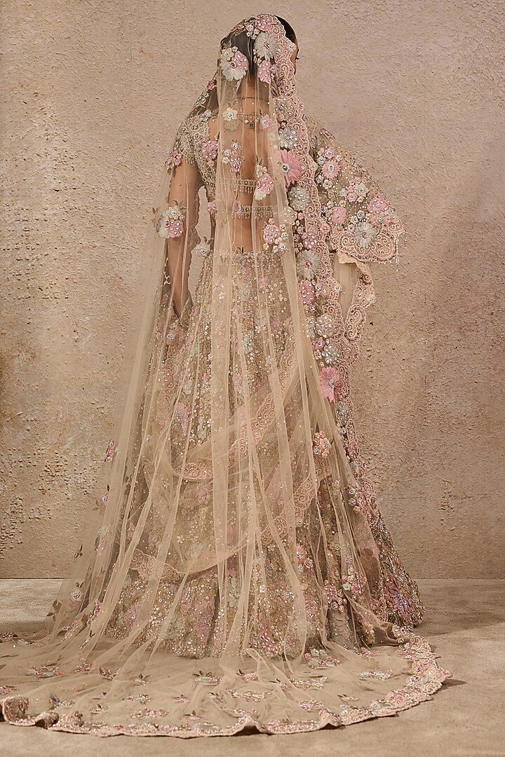 Multi-Colored Tulle Floral Motifs Embroidered Bridal Lehenga Set by Tarun Tahiliani at Pernia's Pop Up Shop