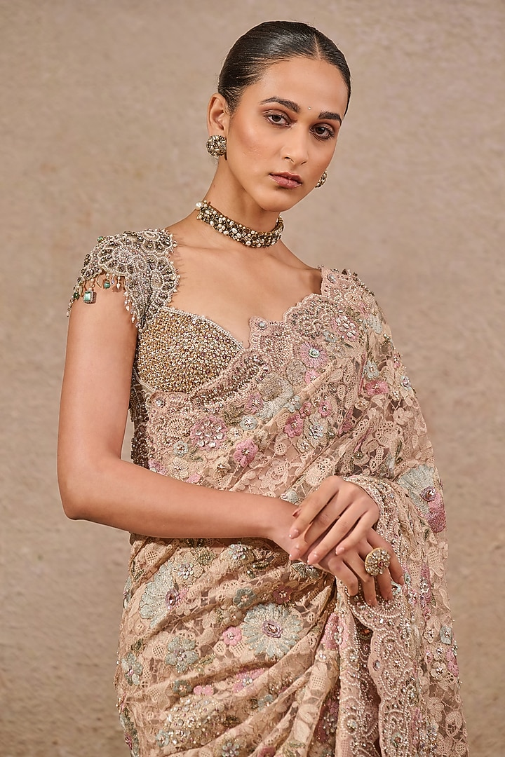 Multi-Colored Tulle Hand Embroidered Bridal Saree Set by Tarun Tahiliani at Pernia's Pop Up Shop