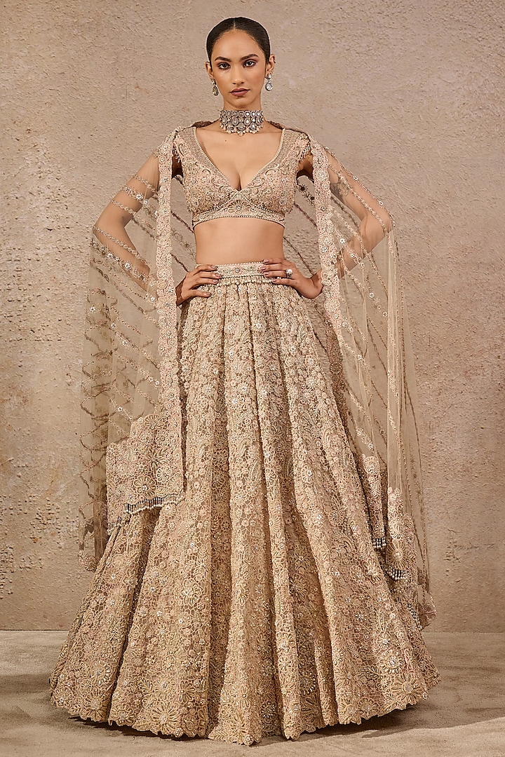 Ivory Tulle Hand Embroidered Bridal Lehenga Set by Tarun Tahiliani at Pernia's Pop Up Shop