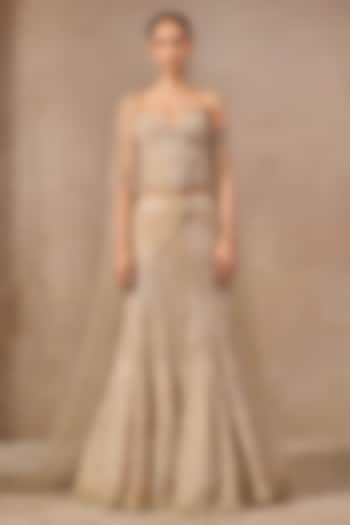 Gold Tulle Pearl Embroidered Fishtail Skirt Set by Tarun Tahiliani at Pernia's Pop Up Shop