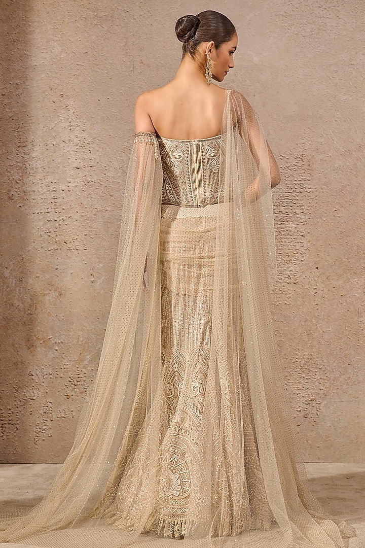 Gold Tulle Pearl Embroidered Fishtail Skirt Set by Tarun Tahiliani at Pernia's Pop Up Shop