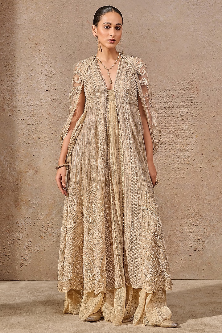 Ivory Tulle Resham Embroidered Jacket Set by Tarun Tahiliani at Pernia's Pop Up Shop