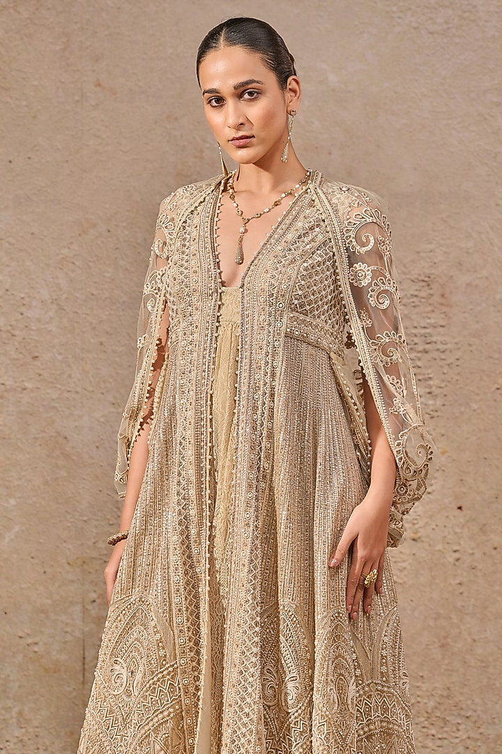 Ivory Tulle Resham Embroidered Jacket Set by Tarun Tahiliani at Pernia's Pop Up Shop