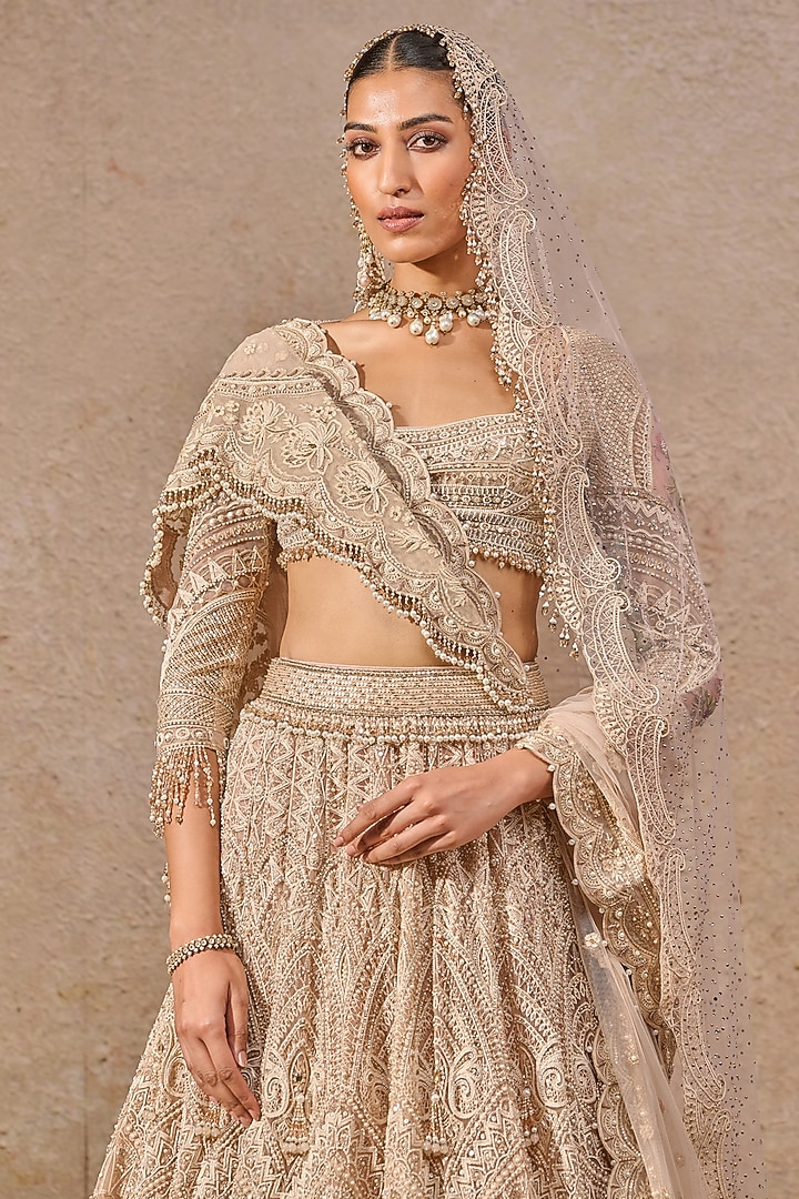 Blush Tulle Resham Embroidered Bridal Lehenga Set by Tarun Tahiliani at Pernia's Pop Up Shop