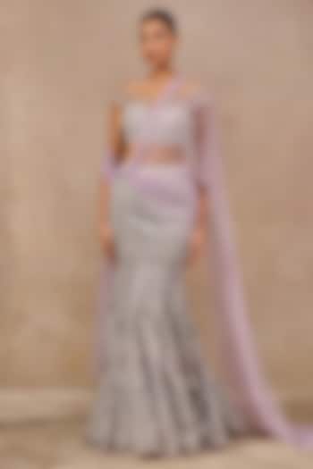 Silver Tulle Sequins Hand Embroidered Fishtail Skirt Set by Tarun Tahiliani at Pernia's Pop Up Shop